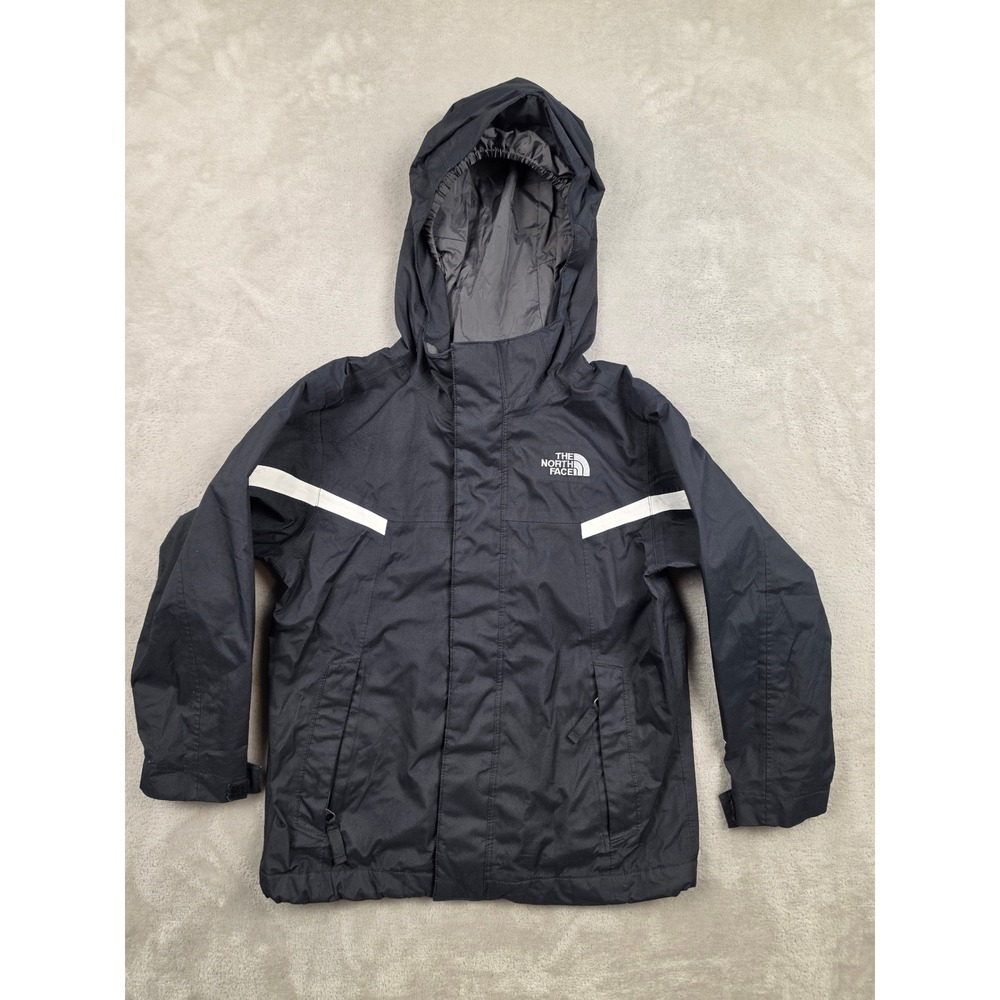 The North Face HyVent Jacket Boys XXS Black Hooded Rain‎ Shell Reflective Stripe